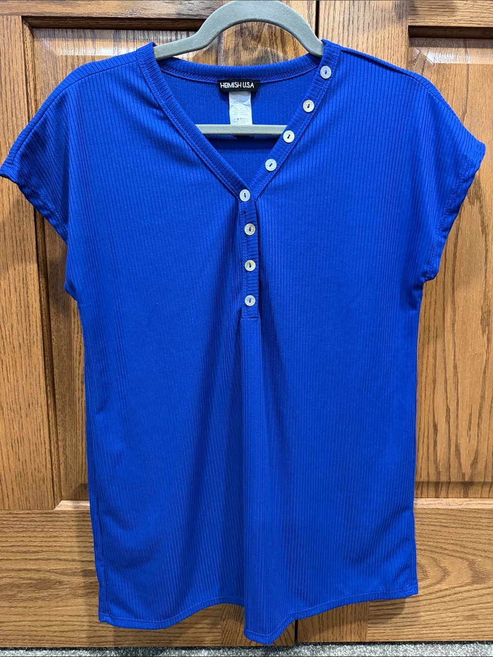 HEIMISH USA Royal Blue Short Sleeve Ribbed V-Notch Button Top